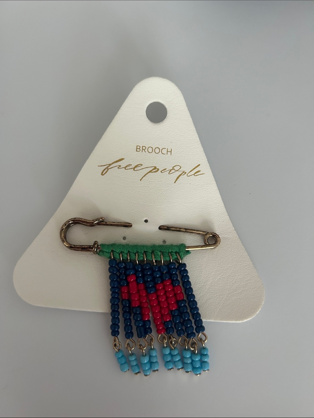 Free People NWT Beaded Safety Pin Brooch Heart Fringe Blue Red Green